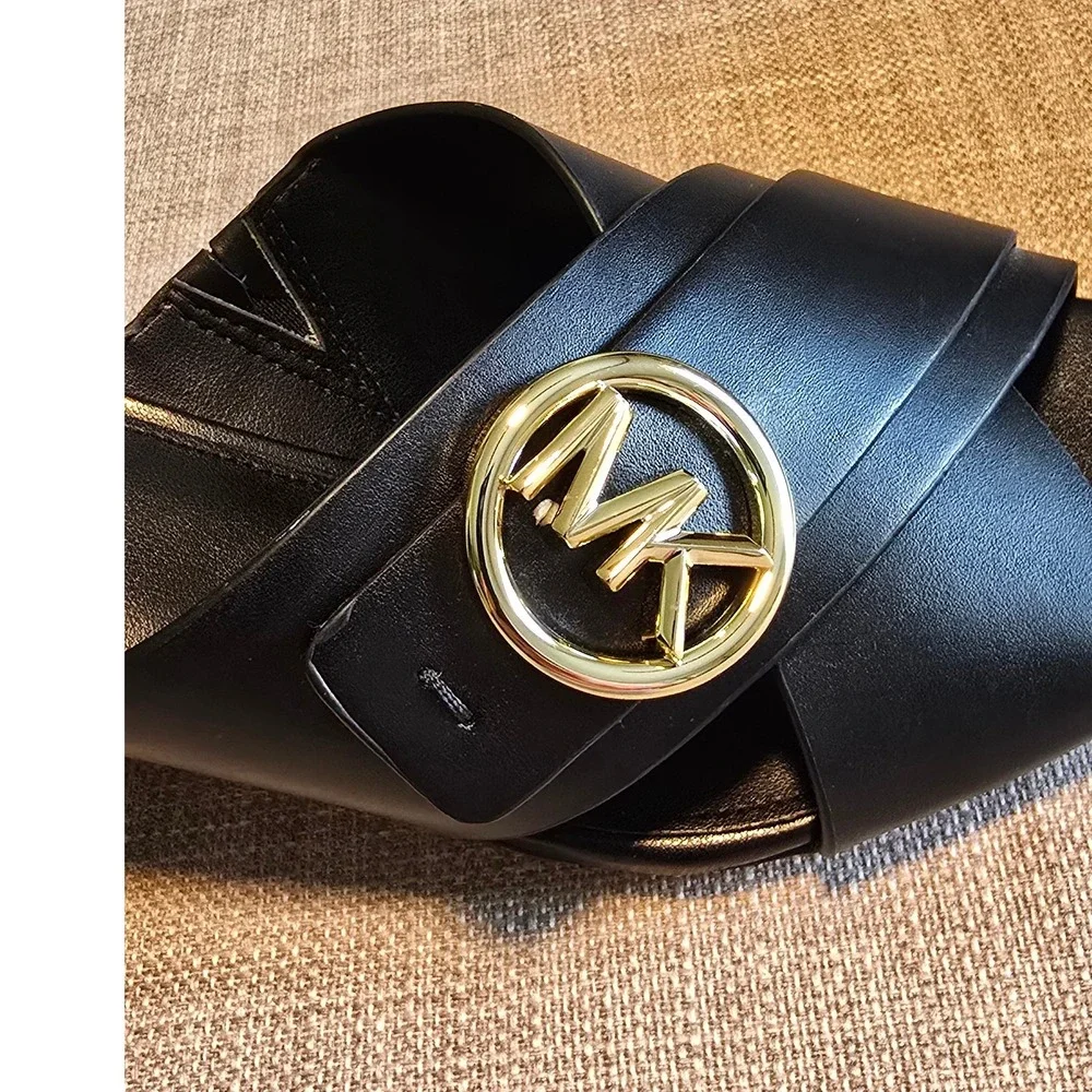 Michael Kors Carmen Logo Black Faux Leather Block Heel Mules Sandals 6M PV22D
